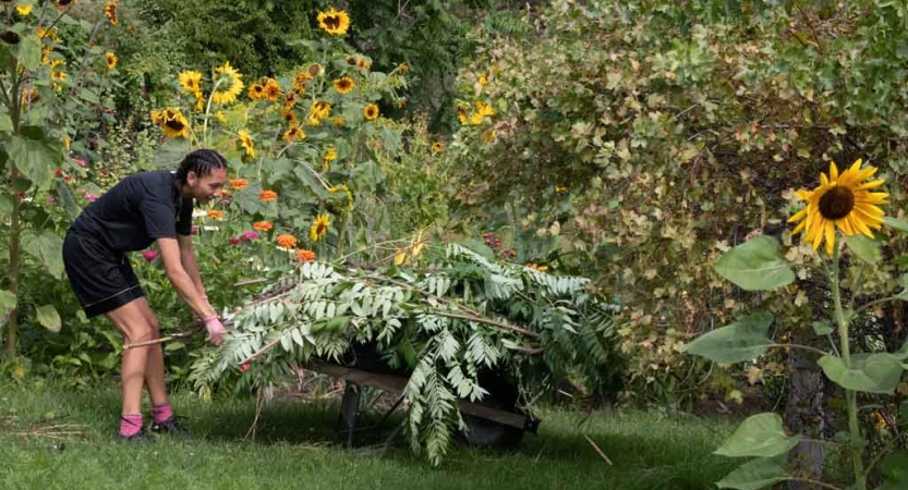 a student loads a wheelbarrow with weeds during a service project with outward bound